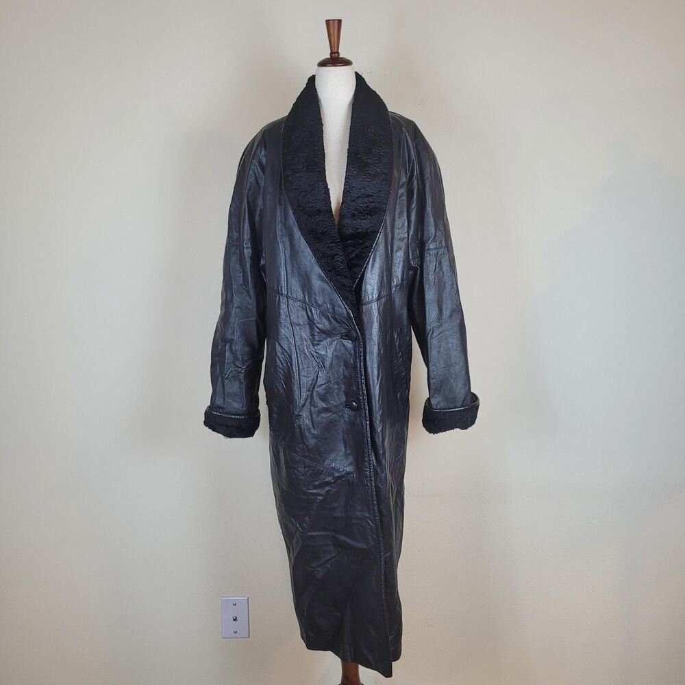 VTG G-III Leather Coat Small Black Long Shawl Collar Faux Fur Overcoat 80s 90s